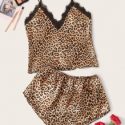 Leopard Print Lace Trim Satin Cami PJ Set