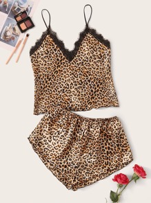 Leopard Print Lace Trim Satin Cami PJ Set