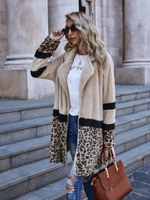 Leopard Print Open Front Teddy Coat