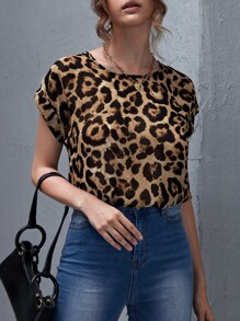 Leopard Print Semi-Sheer Rolled Cuff Top