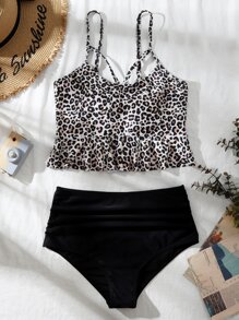 Leopard Ruffle Hem Bikini Swimsuit