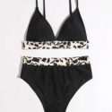 Leopard Trim High Waist Bikini Swimsuit