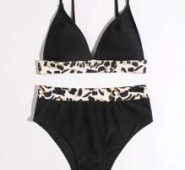 Leopard Trim High Waist Bikini Swimsuit