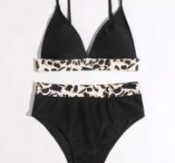 Leopard Trim High Waist Bikini Swimsuit