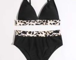 Leopard Trim High Waist Bikini Swimsuit