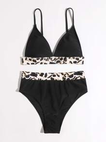 Leopard Trim High Waist Bikini Swimsuit