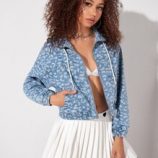 Leopard Zip Up Drawstring Hooded Denim Jacket