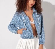 Leopard Zip Up Drawstring Hooded Denim Jacket