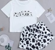 Letter And Cow Print Pajama Set