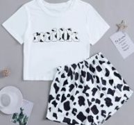 Letter And Cow Print Pajama Set