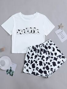 Letter And Cow Print Pajama Set