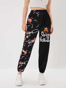 Letter And Skeleton & Halloween Print Sweatpants