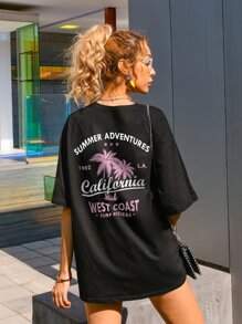 Letter And Tropical Print Oversized Tee