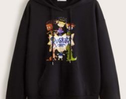 Letter Cartoon Graphic Kangaroo Pocket Drawstring Hoodie