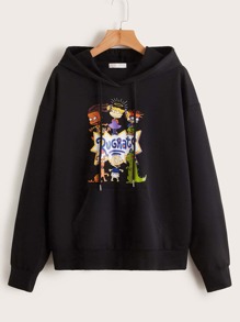 Letter Cartoon Graphic Kangaroo Pocket Drawstring Hoodie