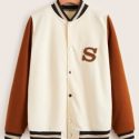 Letter Colorblock Button Front Baseball Jacket