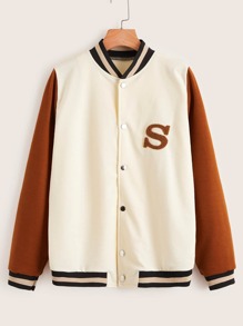 Letter Colorblock Button Front Baseball Jacket