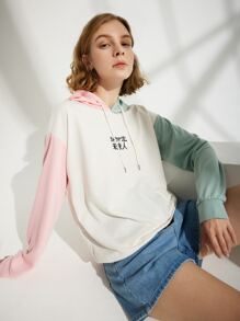 Letter Colorblock Drawstring Hoodie