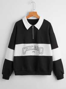 Letter Colorblock Half Zip Sweatshirt