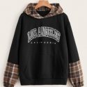 Letter Contrast Plaid Pocket Hoodie