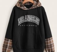 Letter Contrast Plaid Pocket Hoodie