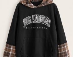 Letter Contrast Plaid Pocket Hoodie