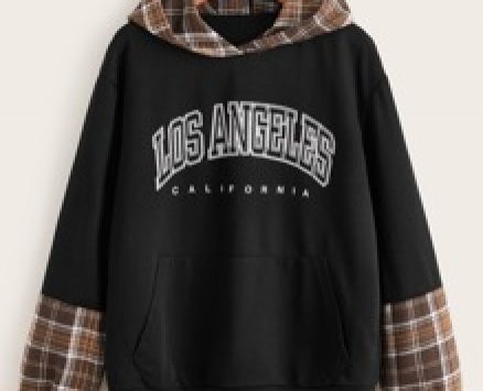 Letter Contrast Plaid Pocket Hoodie