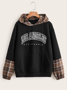 Letter Contrast Plaid Pocket Hoodie