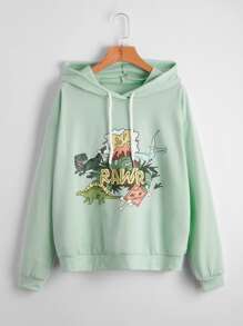 Letter Dinosaur Graphic Drawstring Hoodie