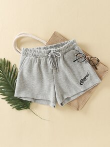 Letter Embroidery Drawstring Waist Track Shorts