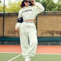 Letter Embroidery Drop Shoulder Crop Teddy Hoodie & Tape Panel Pants