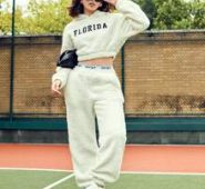 Letter Embroidery Drop Shoulder Crop Teddy Hoodie & Tape Panel Pants