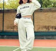 Letter Embroidery Drop Shoulder Crop Teddy Hoodie & Tape Panel Pants