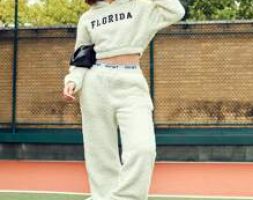 Letter Embroidery Drop Shoulder Crop Teddy Hoodie & Tape Panel Pants