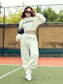 Letter Embroidery Drop Shoulder Crop Teddy Hoodie & Tape Panel Pants