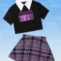 Letter Figure Graphic Contrast Collar Crop Tee & Plaid Skirt