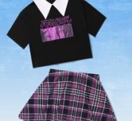 Letter Figure Graphic Contrast Collar Crop Tee & Plaid Skirt