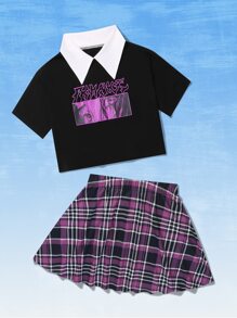 Letter Figure Graphic Contrast Collar Crop Tee & Plaid Skirt