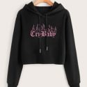 Letter Fire Graphic Drawstring Crop Hoodie