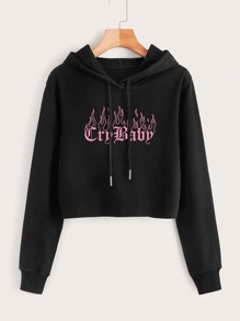 Letter Fire Graphic Drawstring Crop Hoodie