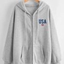 Letter Flag Graphic Zip Up Drawstring Hoodie