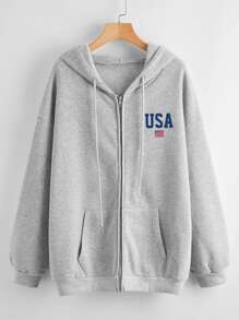 Letter Flag Graphic Zip Up Drawstring Hoodie