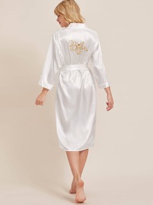 Letter Graphic Belted Satin Night Robe