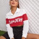 Letter Graphic Collared Colorblock Crop Sweatshirt