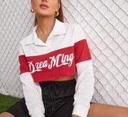 Letter Graphic Collared Colorblock Crop Sweatshirt