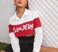 Letter Graphic Collared Colorblock Crop Sweatshirt