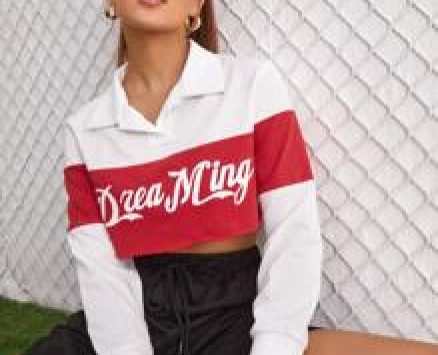 Letter Graphic Collared Colorblock Crop Sweatshirt