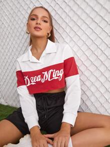 Letter Graphic Collared Colorblock Crop Sweatshirt