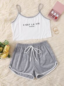 Letter Graphic Contrast Binding Cami PJ Set