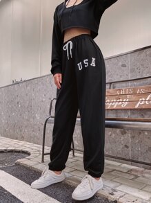 Letter Graphic Drawstring Waist Sweatpants